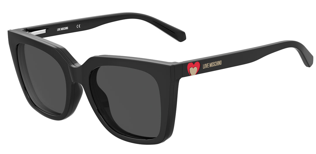 LOVE MOSCHINO MOL055/CS — color 807, medida 54 — vista de tres cuartos con clip solar montado 