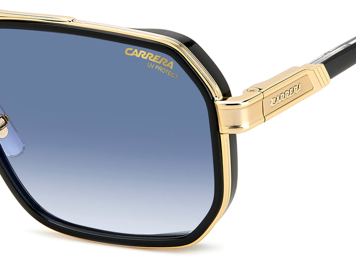 Carrera 1069/S negro y dorado, detalle del logotipo y la bisagra 