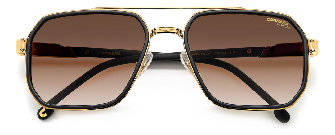 Carrera 1069/S negro mate y dorado, vista frontal con varillas plegadas 