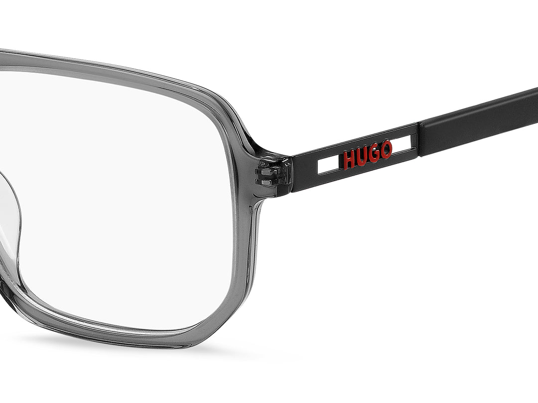 HUGO HG 1415/G gris con detalles rojos, detalle del logotipo y la bisagra 