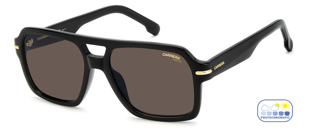 CARRERA 377/S negro, vista de tres cuartos con lentes en estado oscuro 