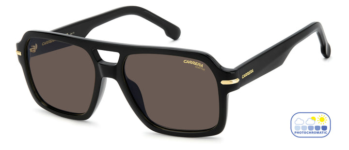CARRERA 377/S negro, vista de tres cuartos con lentes en estado oscuro 