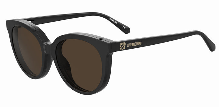 LOVE MOSCHINO MOL058/CS negro, vista de tres cuartos con clip solar montado 