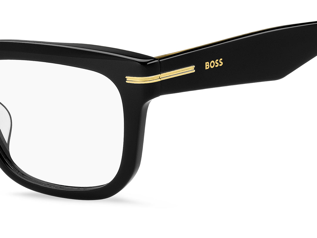 BOSS 1746/G negro y dorado, detalle del logotipo y la bisagra 