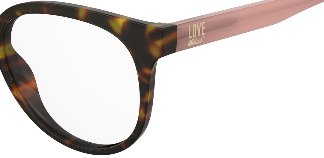 LOVE MOSCHINO MOL658 havana y rosa, detalle del logotipo y la bisagra 