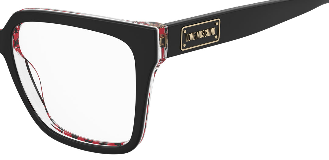 LOVE MOSCHINO MOL648 negro con estampado rojo, detalle del logotipo y la bisagra 