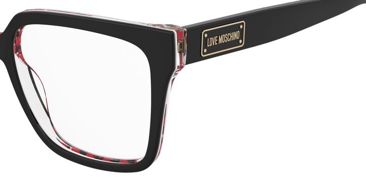 LOVE MOSCHINO MOL648 negro con estampado rojo, detalle del logotipo y la bisagra 