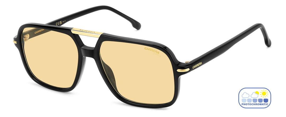 CARRERA 350/S negro y amarillo, vista principal de tres cuartos con lentes en estado claro #color_71c