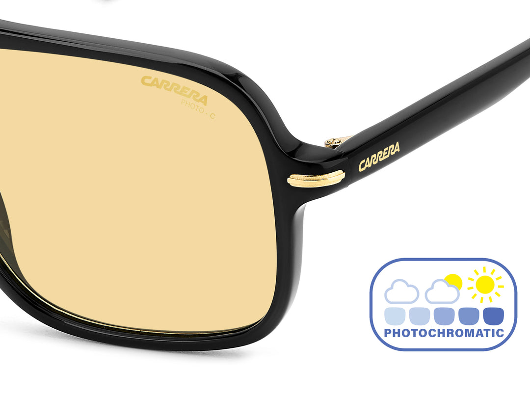 CARRERA 350/S negro y amarillo, detalle del logotipo y la bisagra 