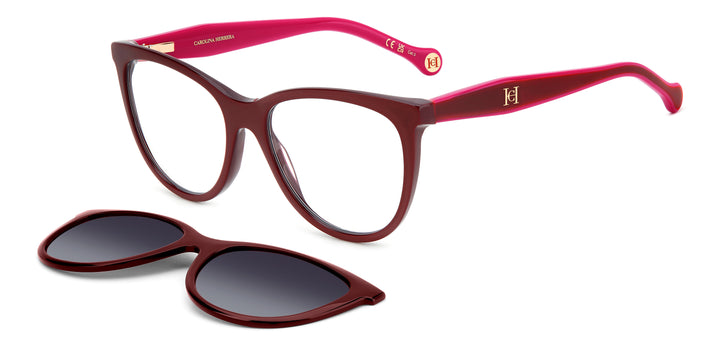 CAROLINA HERRERA HER 0259/CS burdeos, vista principal de tres cuartos con clip solar separado 