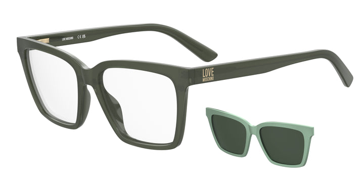 LOVE MOSCHINO MOL661/C verde, vista principal de tres cuartos con clip solar separado 