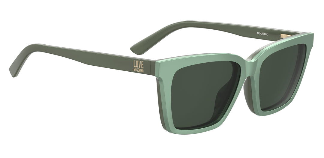 LOVE MOSCHINO MOL661/C verde, ángulo alternativo con clip solar montado 