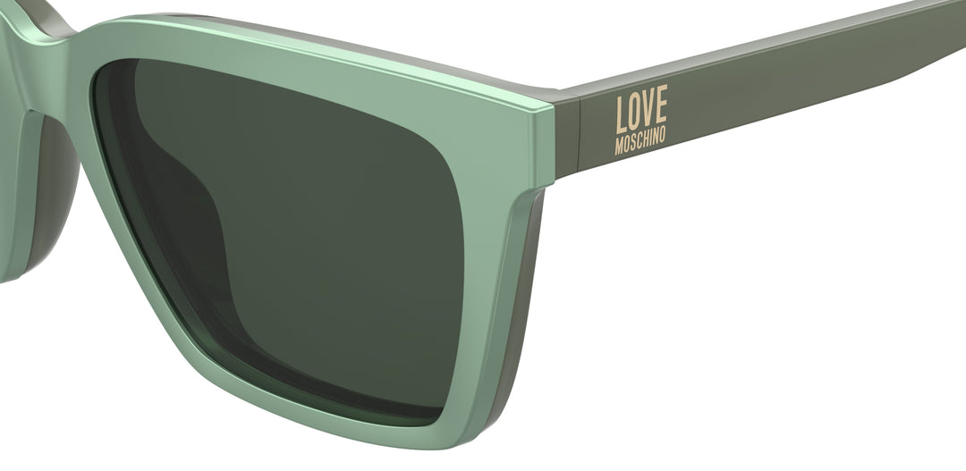 LOVE MOSCHINO MOL661/C verde, detalle del logotipo y la bisagra 