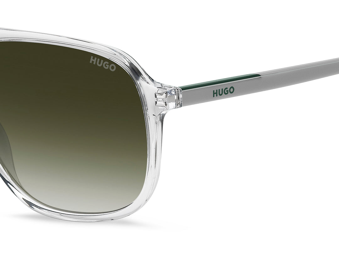 HUGO HG 1398/S transparente y verde, detalle del logotipo y la bisagra 
