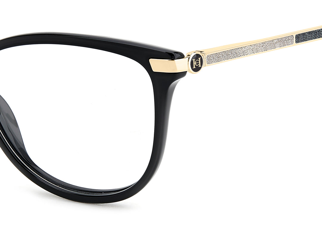 CAROLINA HERRERA HE0263 negro y dorado, detalle del logotipo y la bisagra 