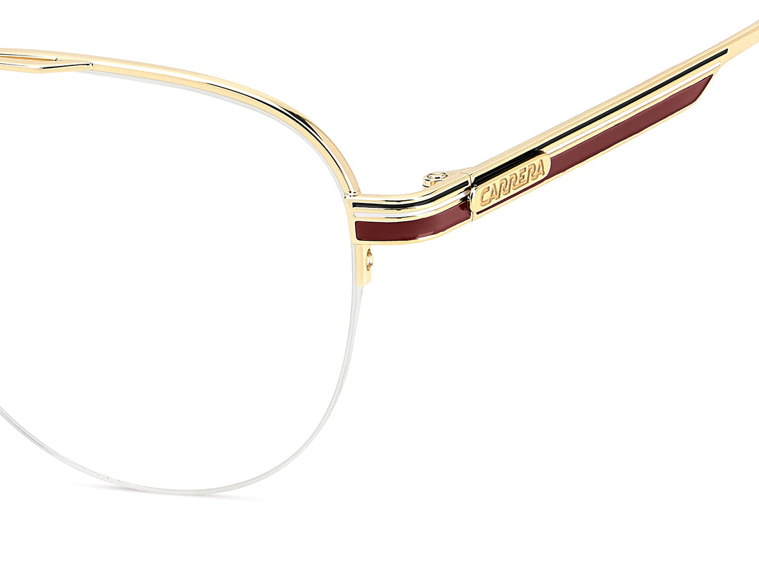 CARRERA 385 dorado con detalles rojos, detalle del logotipo y la bisagra 