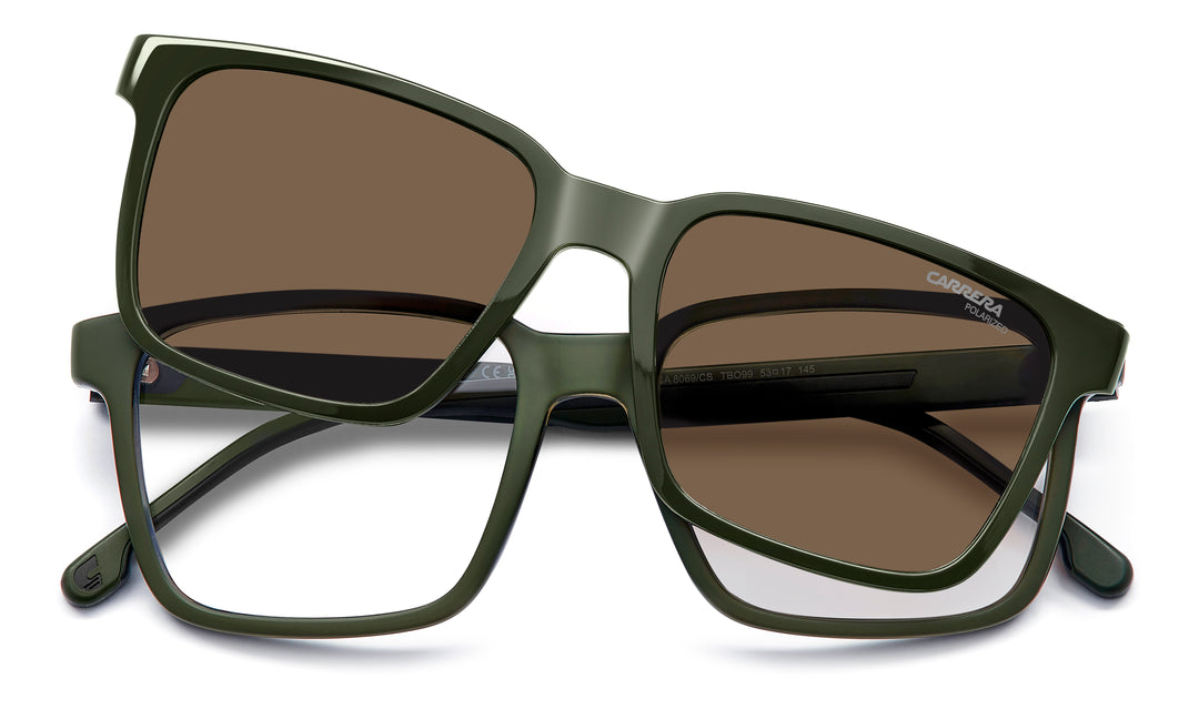 CARRERA CA8069/CS verde militar, vista frontal con clip solar levantado 
