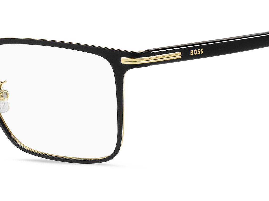 BOSS 1757/G negro mate y dorado, detalle del logotipo y la bisagra 