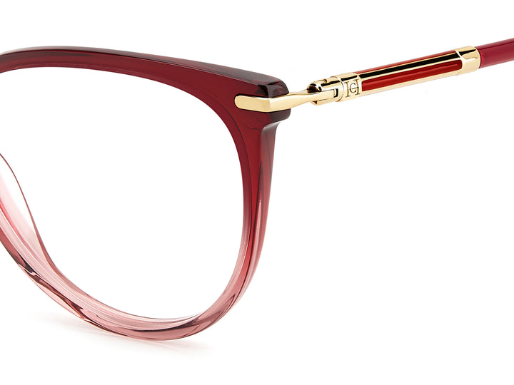 CAROLINA HERRERA HE0231 rojo degradado, detalle del logotipo y la bisagra 