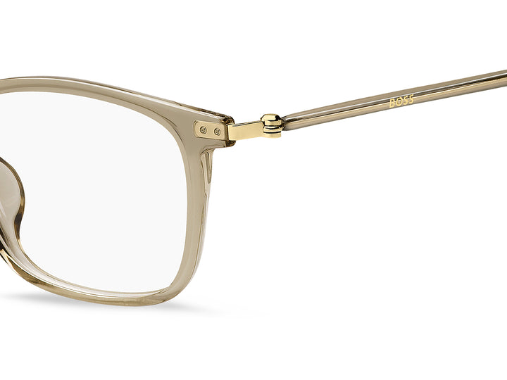 BOSS 1801/F beige y dorado, detalle del logotipo y la bisagra 