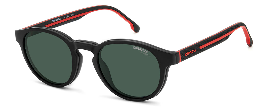 CARRERA CA 8066/CS negro y rojo, vista de tres cuartos con clip solar montado 
