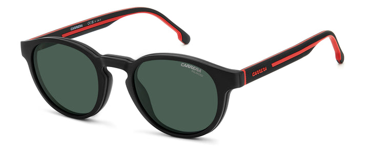 CARRERA CA 8066/CS negro y rojo, vista de tres cuartos con clip solar montado 