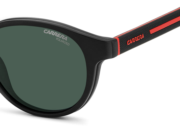 CARRERA CA 8066/CS negro y rojo, detalle del logotipo y la bisagra 