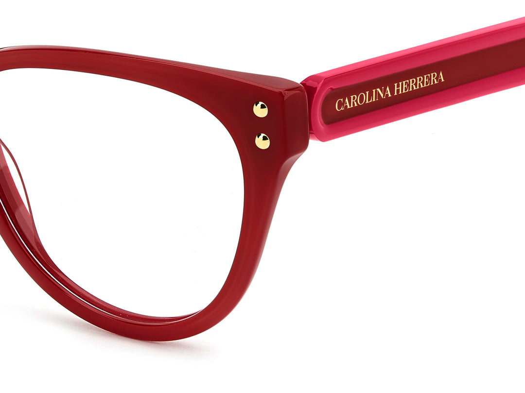 CAROLINA HERRERA HE0256 rojo, detalle del logotipo y la bisagra 