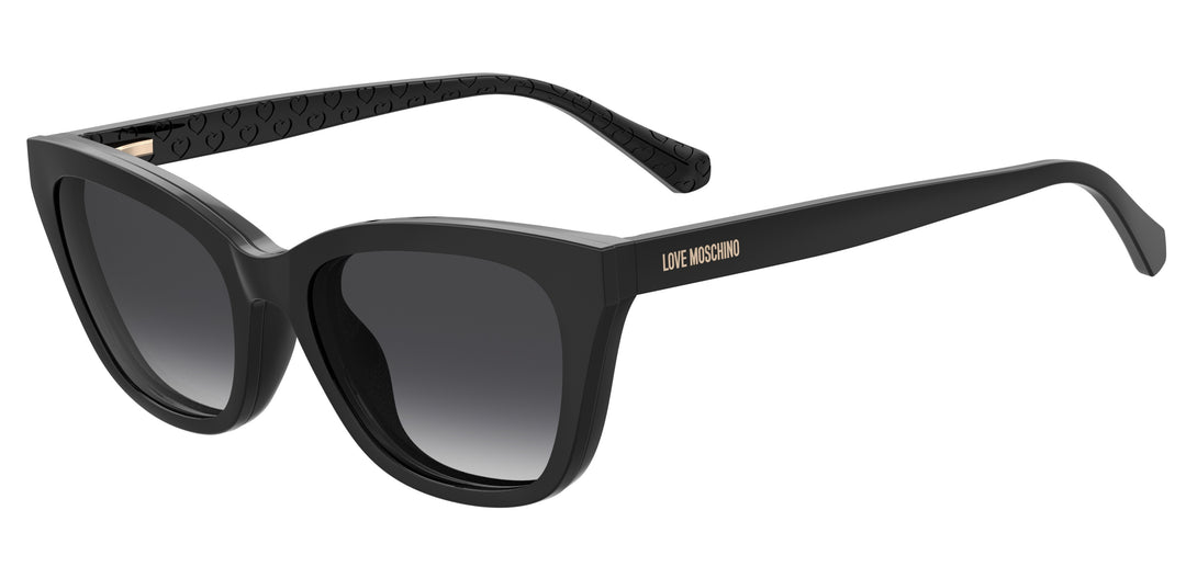 LOVE MOSCHINO MOL071/CS negro, vista de tres cuartos con clip solar montado 