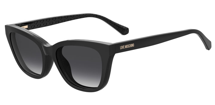 LOVE MOSCHINO MOL071/CS negro, vista de tres cuartos con clip solar montado 