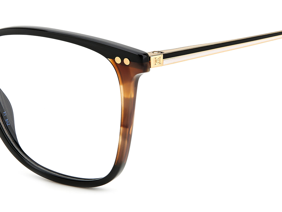 CAROLINA HERRERA HE0165 negro y havana, detalle del logotipo y la bisagra 