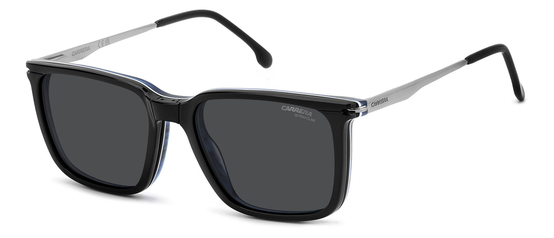 CARRERA CA 357/C negro y azul veteado, vista de tres cuartos con clip colocado 