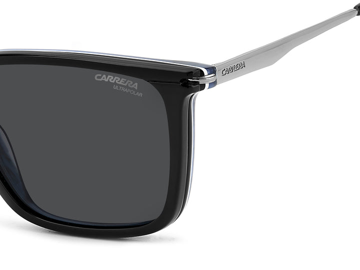 CARRERA CA 357/C negro y azul veteado, detalle del logotipo y la bisagra 