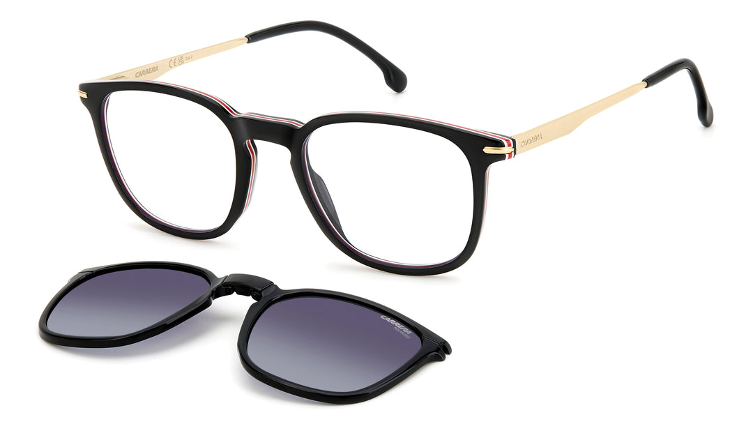 CARRERA CA 332/CS negro y dorado, vista principal de tres cuartos con clip solar separado 