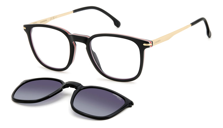 CARRERA CA 332/CS negro y dorado, vista principal de tres cuartos con clip solar separado 