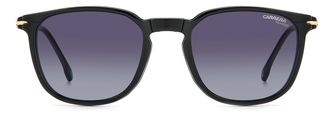 CARRERA CA 332/CS negro y dorado, vista frontal con clip solar montado 
