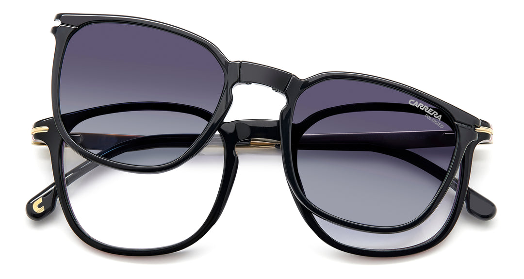 CARRERA CA 332/CS negro y dorado, vista frontal con clip solar levantado 