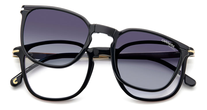 CARRERA CA 332/CS negro y dorado, vista frontal con clip solar levantado 