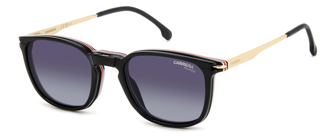 CARRERA CA 332/CS negro y dorado, vista de tres cuartos con clip solar montado 