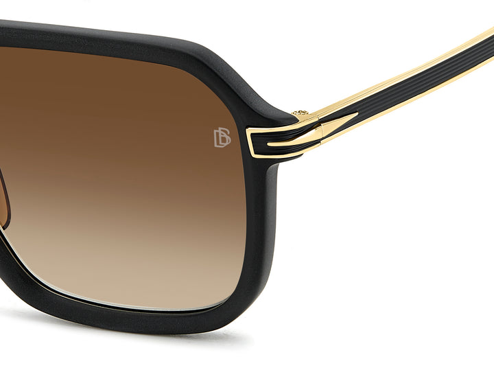 DAVID BECKHAM DB 7136/S negro mate y dorado, detalle del logotipo y la bisagra 