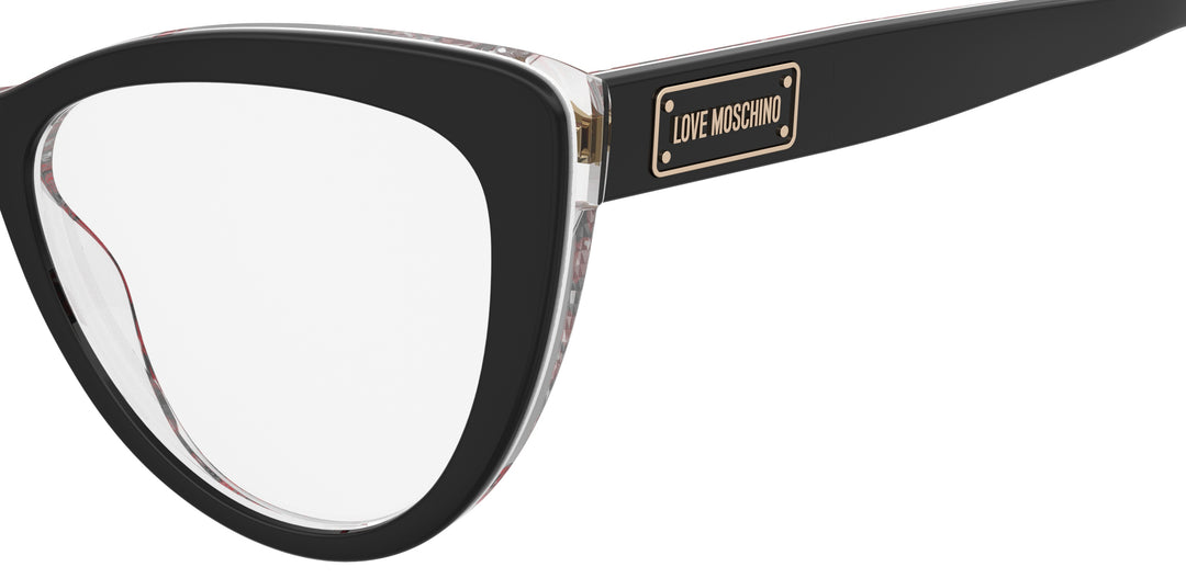 LOVE MOSCHINO MOL649 negro con estampado rojo, detalle del logotipo y la bisagra 
