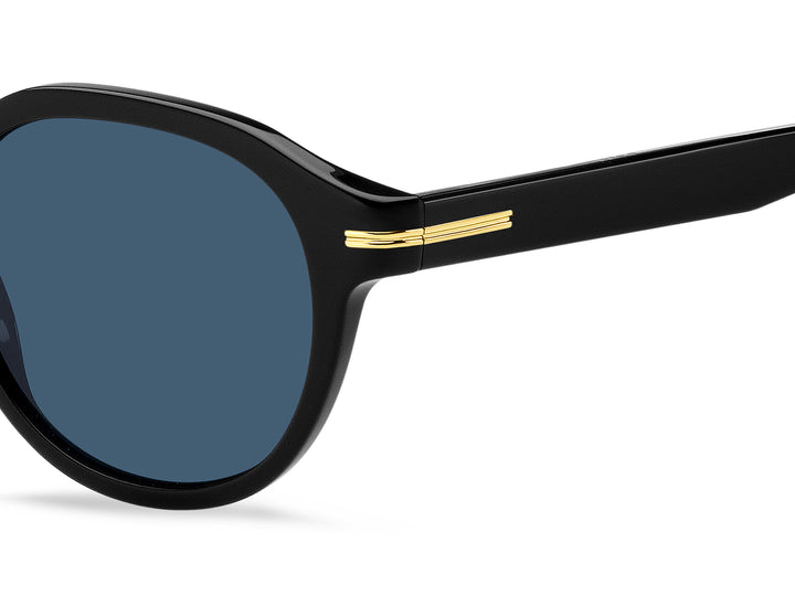 BOSS 1721/S negro y dorado, detalle del logotipo y la bisagra 