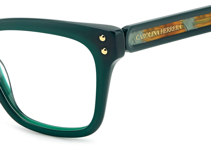 CAROLINA HERRERA HE0257 verde, detalle del logotipo y la bisagra 
