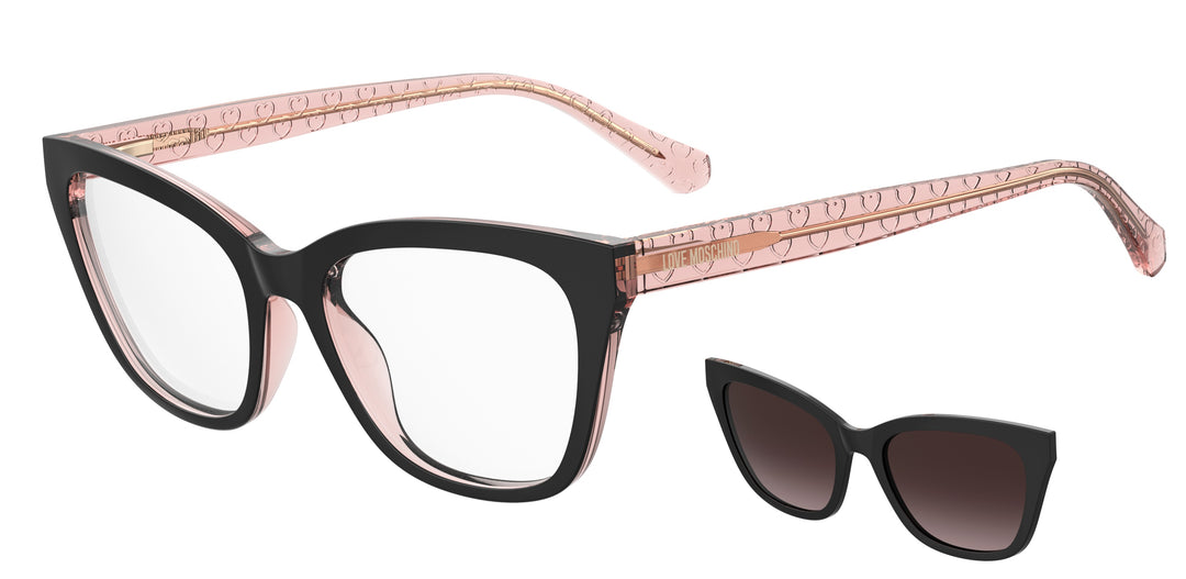 LOVE MOSCHINO MOL071/CS negro y rosa, vista principal de tres cuartos con clip solar separado 