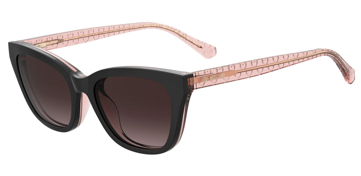 LOVE MOSCHINO MOL071/CS negro y rosa, vista de tres cuartos con clip solar montado 