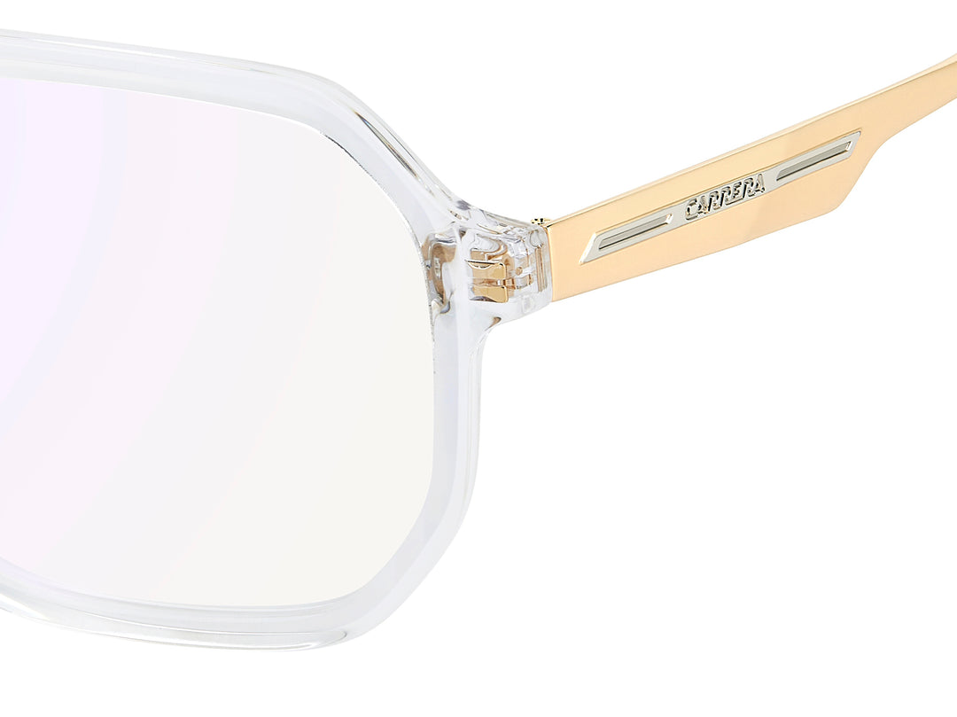 CARRERA VICTORY C 23 transparente y dorado, detalle del logotipo y la bisagra 