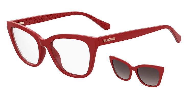LOVE MOSCHINO MOL071/CS rojo, vista principal de tres cuartos con clip solar separado 