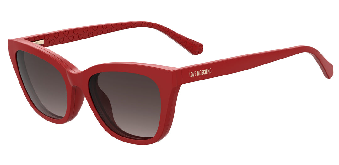 LOVE MOSCHINO MOL071/CS rojo, vista de tres cuartos con clip solar montado 