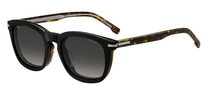 BOSS 1725/G/CS negro y havana, vista de tres cuartos con clip solar montado 