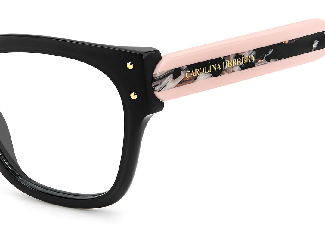 CAROLINA HERRERA HER 0324 negro y rosa, detalle del logotipo y la bisagra 